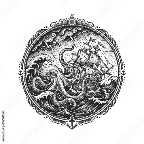 Photos Detailed monochrome vintage engraving of a giant octopus attacking a classic sai