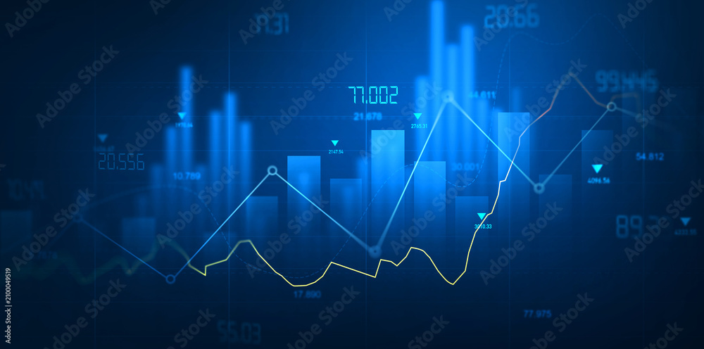 Fototapeta premium Stock trading market investment data and analysis finance graph.Business financial chart with moving up arrow graph.Financial data charts with glowing stock market graphs.