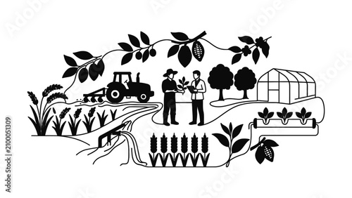 Sustainable Agriculture Illustration Farmers Growing Crops Greenhouse Tractor Irrigation