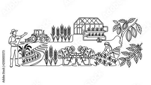 Modern Agriculture Technology Farming Illustration with Tractor Greenhouse and Crops