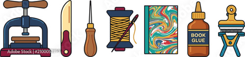 Photos Traditional Bookbinding Craft and Handmade Journal Making Equipment Icon Set wit