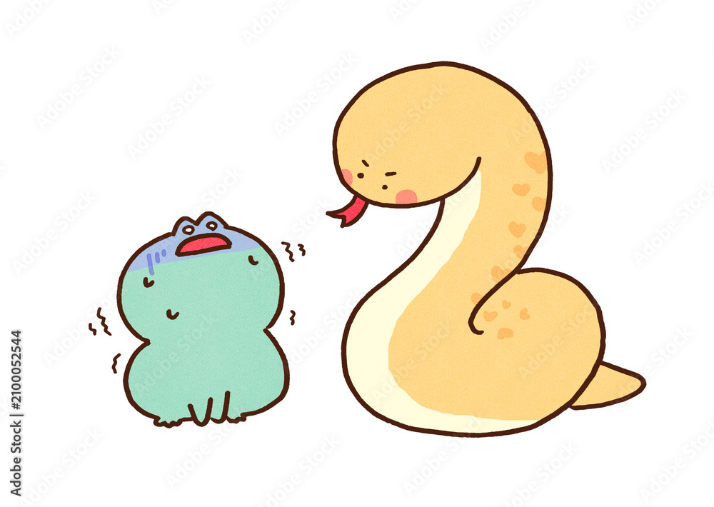 Fototapeta premium Frog panicking and sweating while being glared at by a snake, in a desperate situation or natural enemy concept