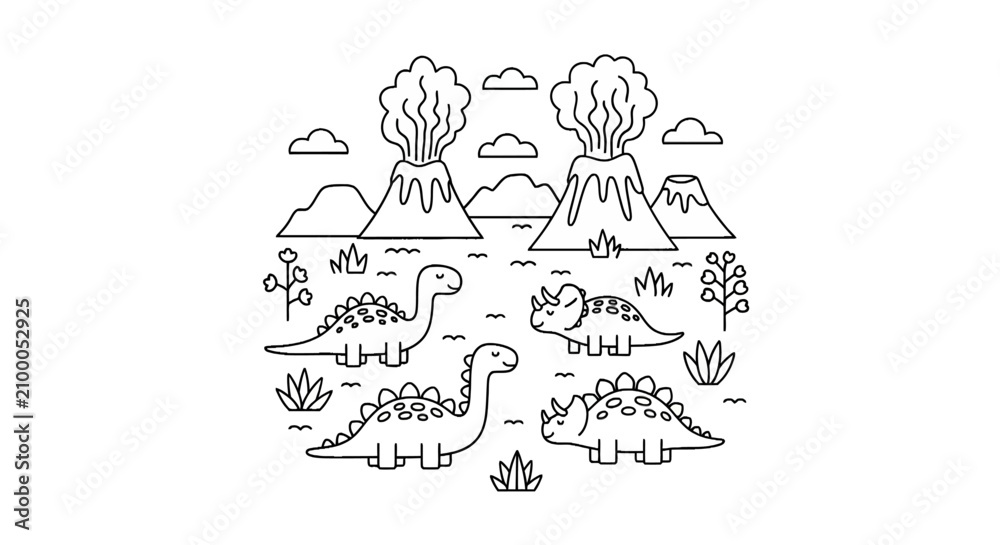 Fototapeta premium Cute dinosaurs in a prehistoric volcanic valley line art