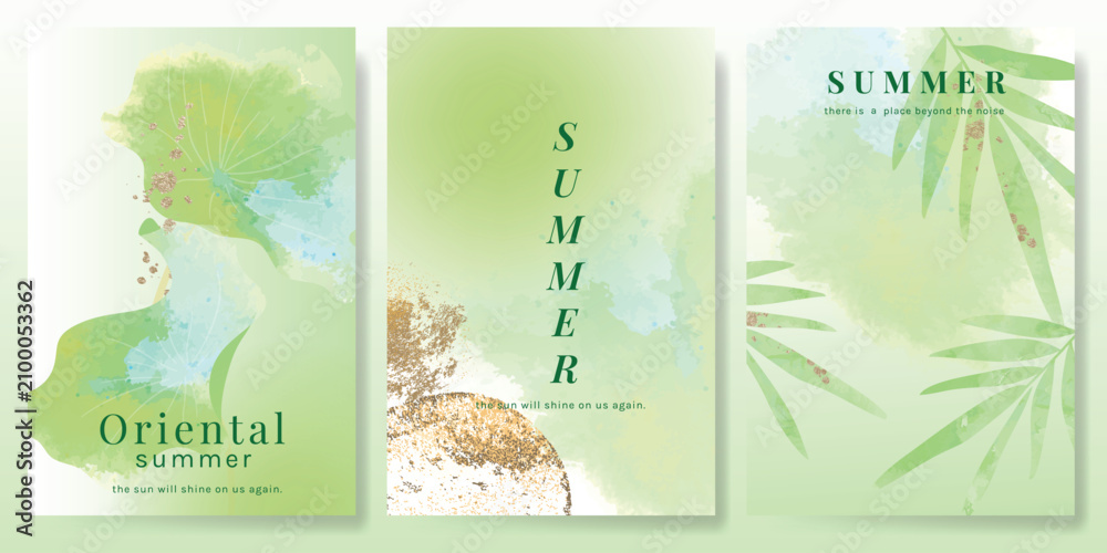 Fototapeta premium Modern gradient poster background vector set. Minimalist poster summer and spring cover template with green leaf and tree branch. Ideal design for social media, banner, card, ads.