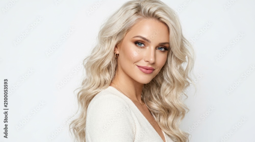 Naklejka premium A stunning woman with long wavy blonde hair and a gentle smile posing against a clean white background