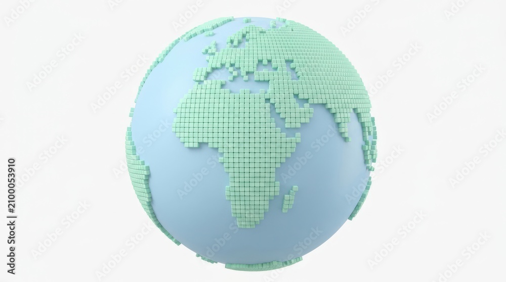 Fototapeta premium Digital voxel globe showing earth map made of small blue cubes.