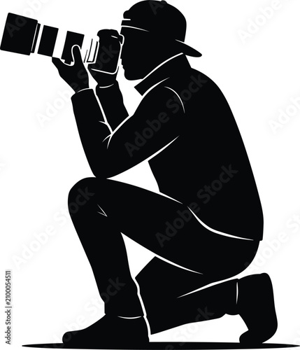 Obraz na płótnie Professional photographer kneeling while taking a photo with telephoto lens blac