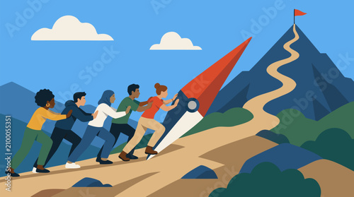 Diverse multicultural team collectively pushes oversized compass needle up steep mountain path toward summit flag representing guided leadership strategic direction and collective achievement