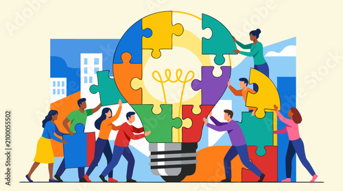 Vibrant vector illustration of diverse professionals collaboratively assembling colorful puzzle pieces into a glowing lightbulb symbolizing teamwork innovation creativity and collective problem