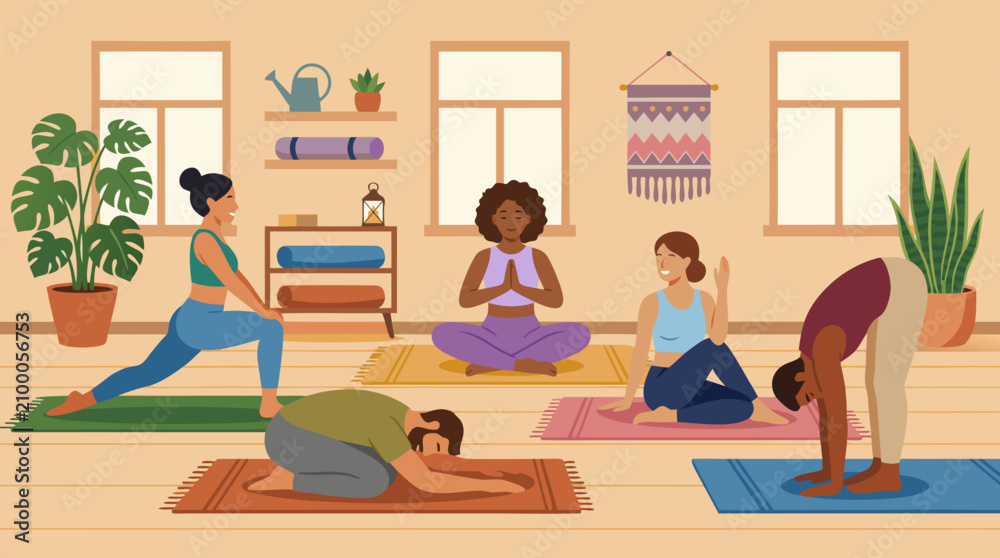 Fototapeta premium Diverse group of relaxed friends practicing peaceful indoor yoga session together in bright modern studio with plants and mats various relaxing poses smiling calm atmosphere wellness lifestyle vector