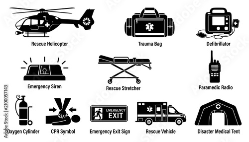 Rescue Helicopter and Medical Equipment Icons for Emergency Services Featuring Trauma, Bag, Defibrillator with Siren
