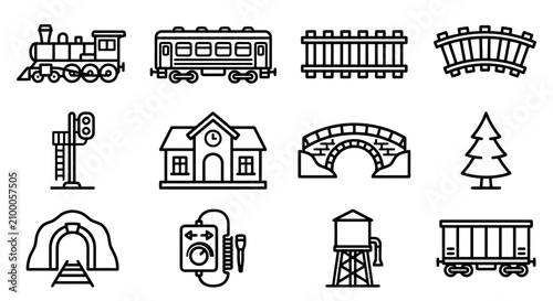 Train and railway icon set with locomotive, track, and station.