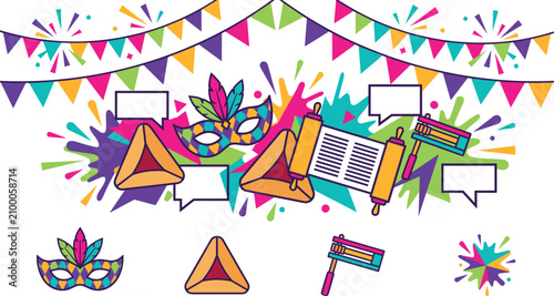 Photos Jewish Purim Holiday Banner and Icon Set with Hamantaschen Cookies, Megillah Scr