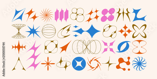 Abstract modern futuristic figures set. Y2k retro design elements, star burst...
