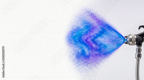 Industrial spray paint blue violet arc mist particle right clean white left, industrial design