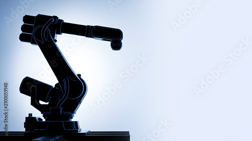 Robotic arm dark silhouette blue rim lights left clean white-blue gradient right, automation