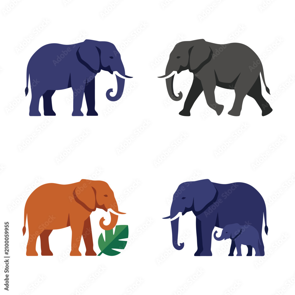 Fototapeta premium Four colorful elephant illustrations showing adult and baby animals against a white background vector