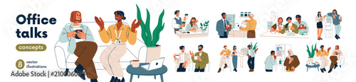 Office talk, coffee break or cooler chat set. Colleagues, friends speaking, gossiping at work. Workplace conversations, informal communication. Flat vector illustrations isolated on white background