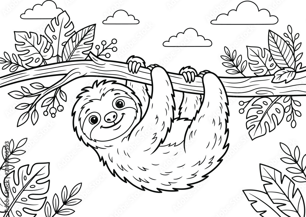 Fototapeta premium Cute cartoon sloth hanging from a tree branch with tropical leaves and clouds animal