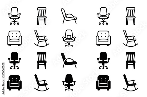 Furniture chair and office seating icon collection set.