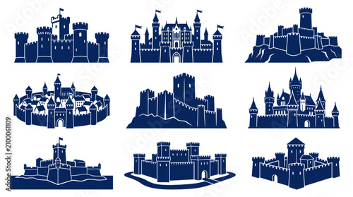Obraz na płótnie Collection of Royal Castles and Fortresses, Medieval Architecture Icons