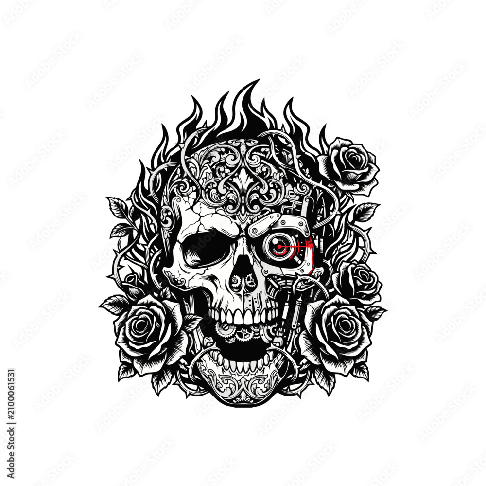 Fototapeta premium Human skull surrounded by blooming roses and thorn vines, elegant gothic composition, monochrome black ink vector, intricate floral details, tattoo style, high contrast, isolated on white