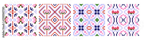 Pixel-art 8-bit embroidery patterns set. Folk floral pixelated ornamental bac...
