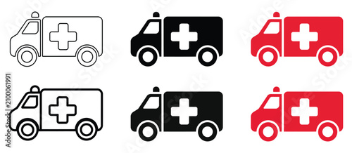 Emergency Ambulance Icon Set Featuring Medical Transport, Rescue Vehicle, Healthcare Support, Hospital Emergency Services, Paramedic Response, First Aid, And EMS Symbols, Modern Flat Vector Collection