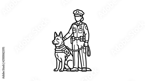 Bild auf Leinwand Professional Black and White Line Drawing of Police Officer with K9 Unit Dog in