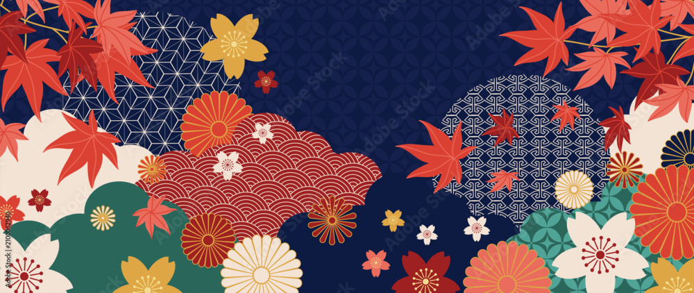 Fototapeta premium Japanese autumn maple leaf and chrysanthemum background vector. Colorful red foliage, floral motifs and traditional geometric patterns on dark blue for fabric, wallpaper and packaging.