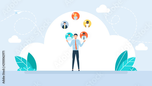 Businessman juggling avatars of people for team management. HR manager hiring diverse employees, outsourcing human resources structure, multitasking staff coordination. Vector illustration