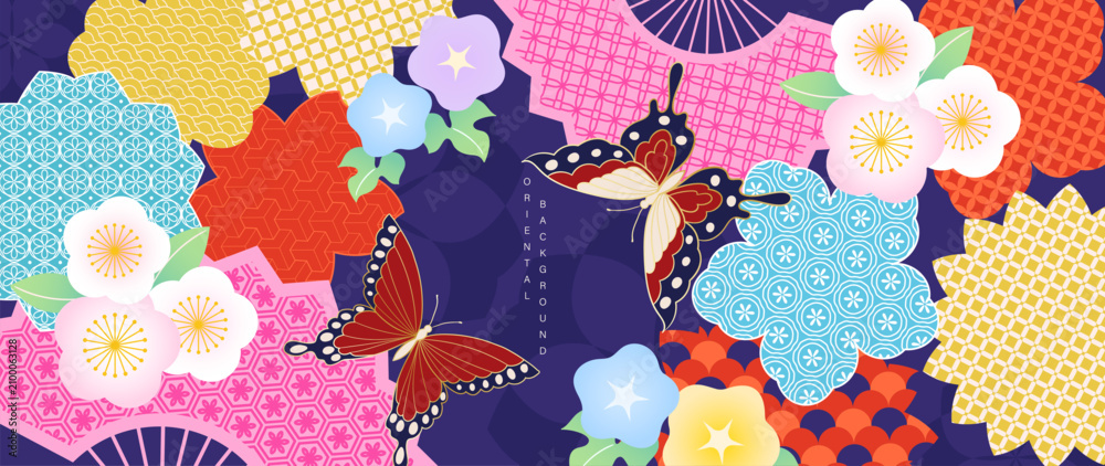Fototapeta premium Japanese floral and butterfly pattern vector. Colorful sakura, plum blossoms and traditional geometric textile motifs on dark blue background for fabric, wallpaper and packaging.
