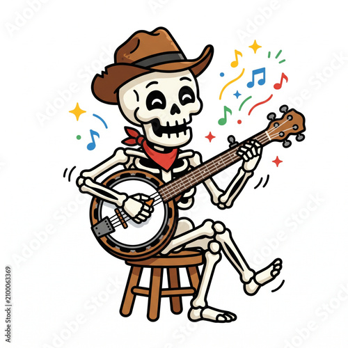 Cartoon Skeleton Cowboy Playing Banjo with Musical Notes and Stars