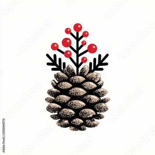 Pinecone with Red Berries and Green Leaves on White Background