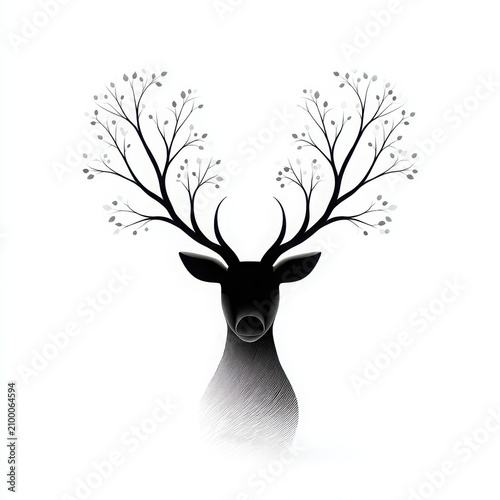 Elegant Black Deer with Branches and Blossoms in Minimalist Design