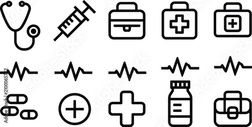 Medical icon set displaying healthcare symbols for clinic and hospital utility with healthcare, pharmacy