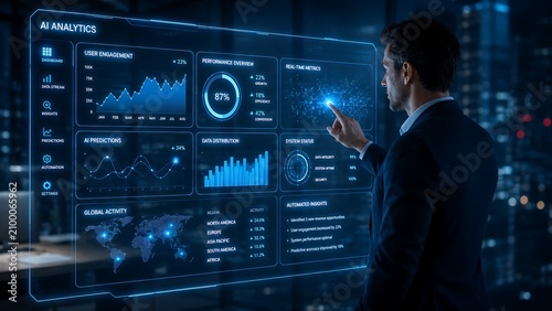 Businessman interacting with ai analytics virtual dashboard showing data charts and global activity.