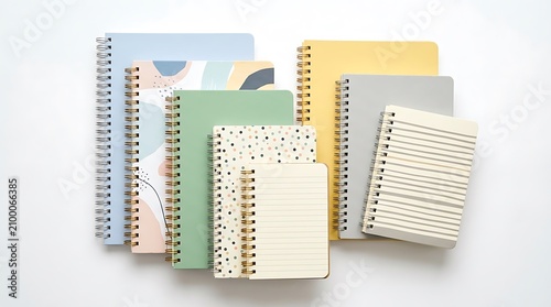 Colorful spiral bound notebooks, assorted stationery, lined and blank journals, office supplies