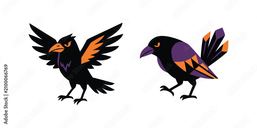 Obraz premium Two stylized raven illustrations with orange and purple accents on white background