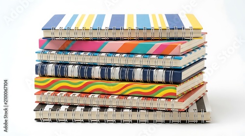 Stack of colorful notebooks, journals, and stationery, office supplies, paper goods