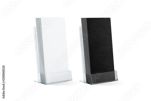 Blank black and white flyers stack mockup in glass plastic holder png, transparent background, 3d rendering. Dl fliers stand in the acrylic box. Brochure holding in transparent plexiglass pocket.