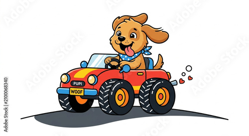 Cute Happy Puppy Driving a Red Toy Car with Big Wheels.