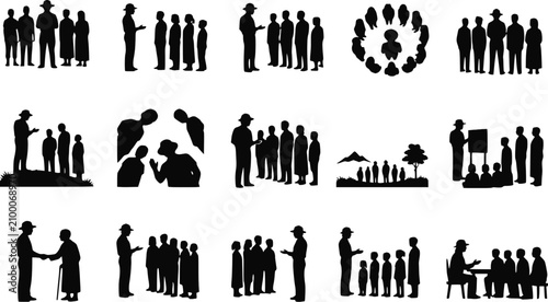 Community group silhouette set. Man speaking to people, teaching children, handshake, meeting and gathering icons