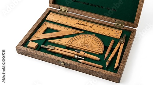 Vintage drafting tools, wooden geometry set, ruler, compass, pencils, antique drawing kit