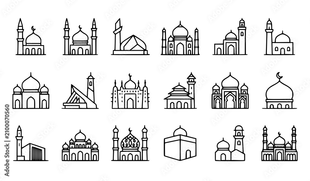 Fototapeta premium Famous World Landmark Outline Icon Collection with Historic Buildings and Monument Architecture Symbols