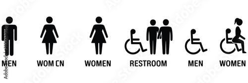 Toilet And Restroom Icons Collection With Men, Women, Wheelchair Accessible, Family Bathroom, WC, And Washroom Directional Signs, Modern Flat Vector Illustration Isolated On White Background