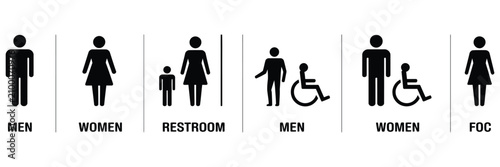 Restroom And Toilet Sign Icon Set Featuring Male, Female, Accessible, Family, And Gender-Neutral Bathroom Symbols, Clean Minimal Vector Collection Isolated On White Background