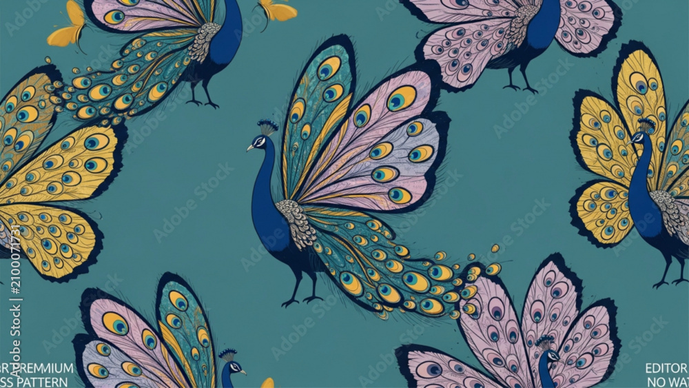 Fototapeta premium Seamless pattern of ornate peacocks on teal background. Art deco style illustration for textiles. AI Generated.