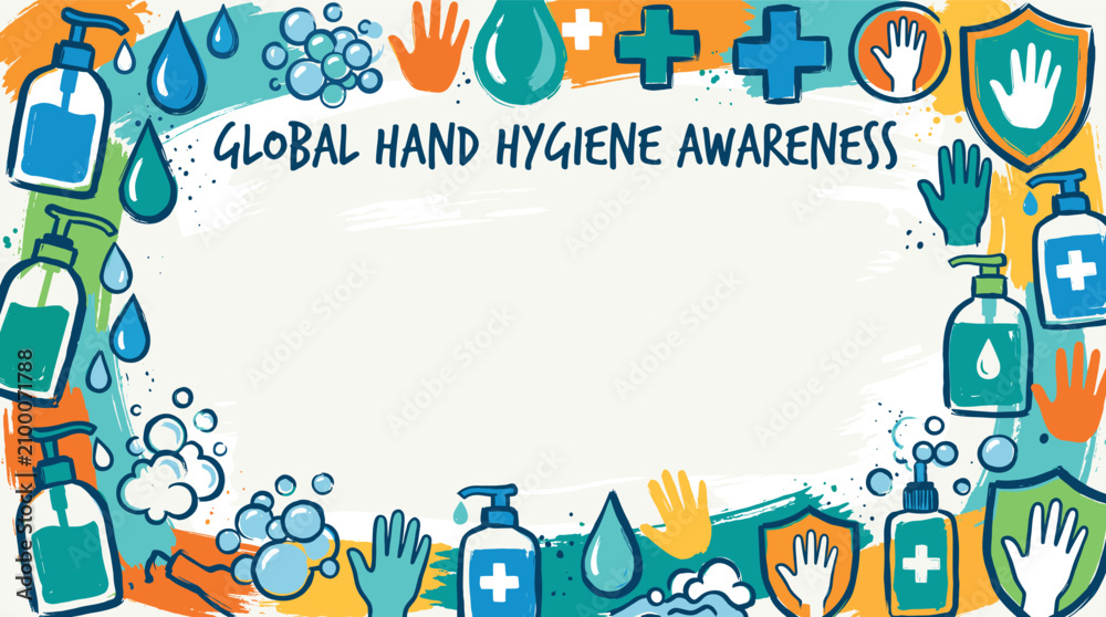 Fototapeta premium Hand hygiene awareness campaign features illustrated soap dispensers, water droplets, and protective shields framing a central area for text.