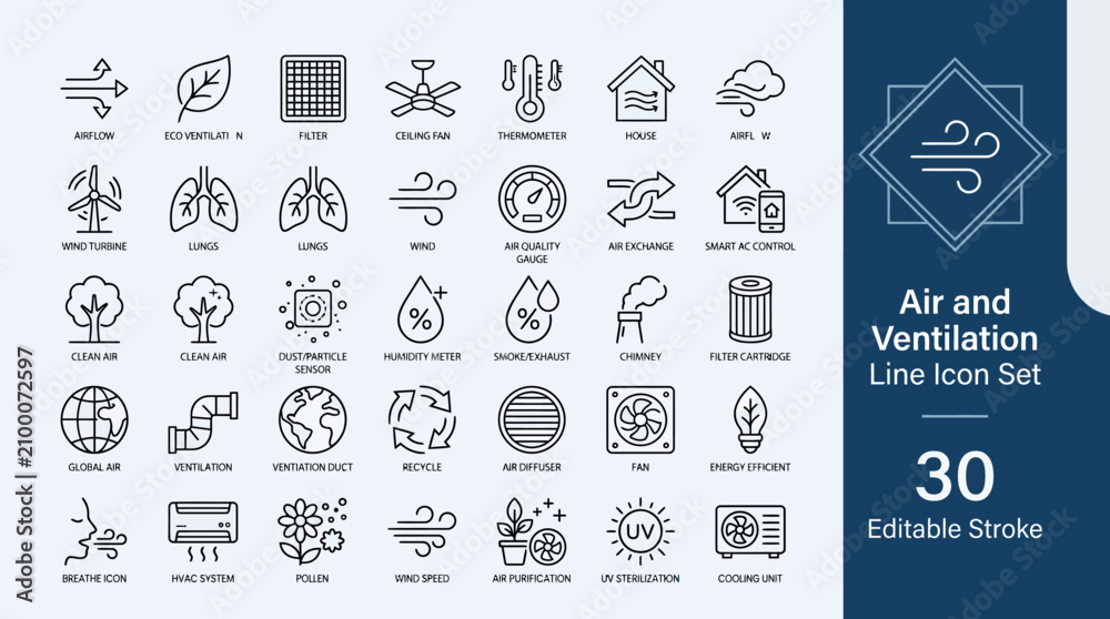 Naklejka premium Air and Ventilation Line Icons Set – 30 Editable Stroke Vector